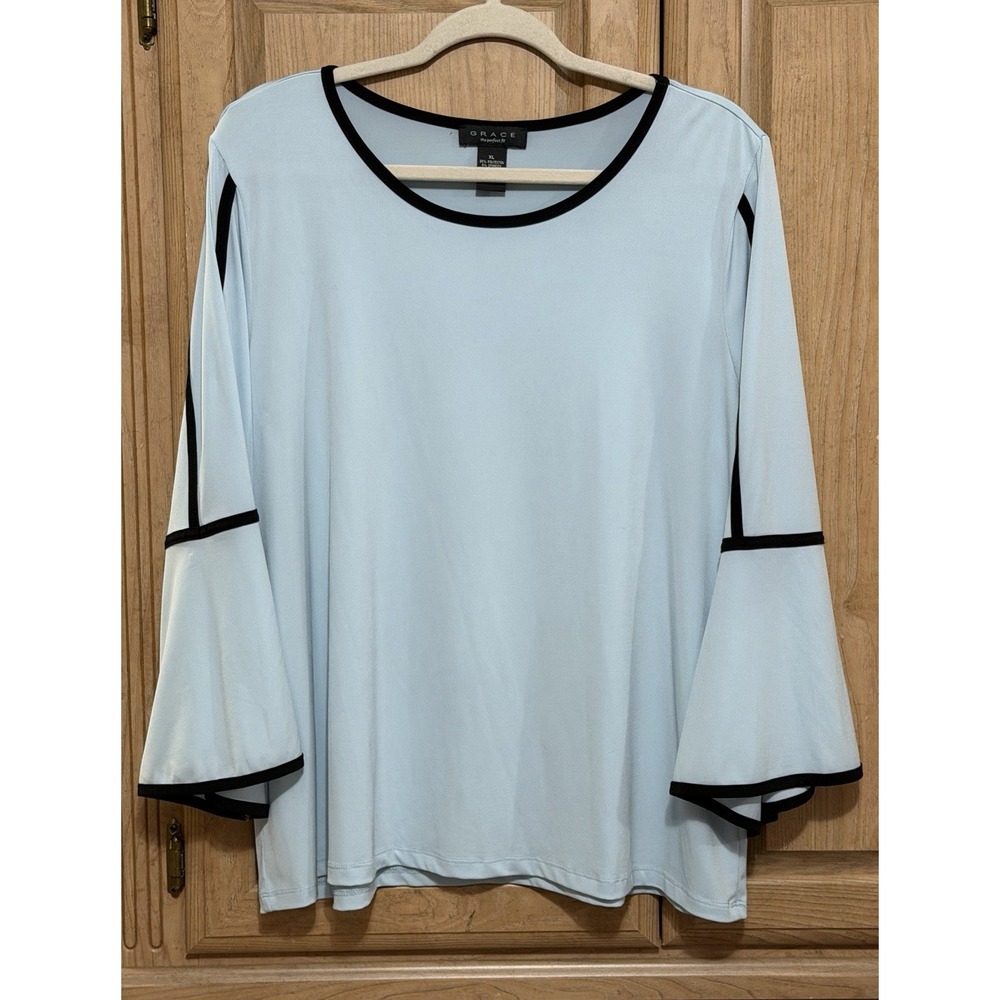 Grace The Perfect Fit Tunic Blouse Top Womens Size XL Light Blue 3/4 Bell Sleeve